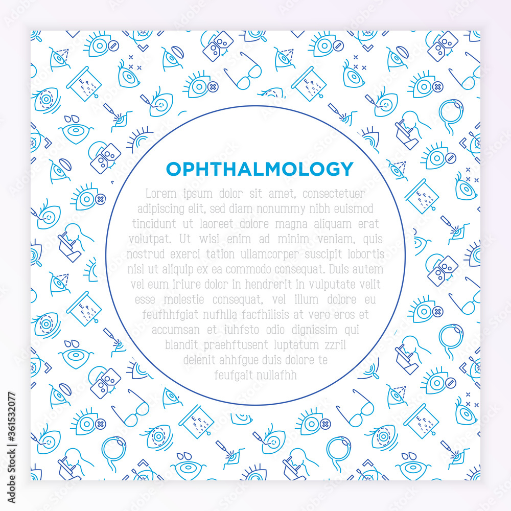 Ophthalmology concept with thin line icons: laser eye surgery, eye test, eye drops, contact lenses, cataract, astigmatism, phoropter, autorefractometer, farsightedness. Vector illustration. Ophthalmology concept with thin line icons: laser eye surgery, eye test, eye drops, contact lenses, cataract, astigmatism, phoropter, autorefractometer, farsightedness. Vector illustration.