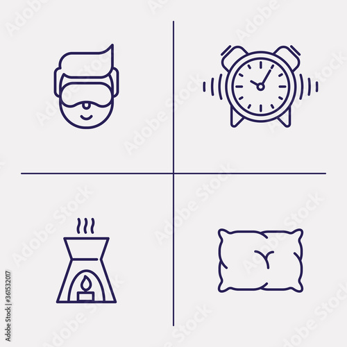 Insomnia and sleep thin line icons:. Man in sleeping mask, comfortable pillow, alarm and aroma lamp. Vector illustration.