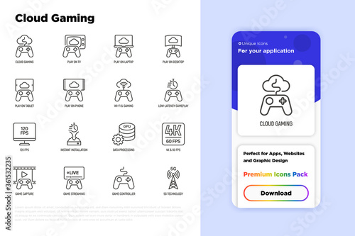Cloud gaming thin line icons set: play on laptop, 120 FPS, low-latency gameplay, gamepad, wi-fi, instant installation, live streaming, game controller, 5G technology. Vector illustration.