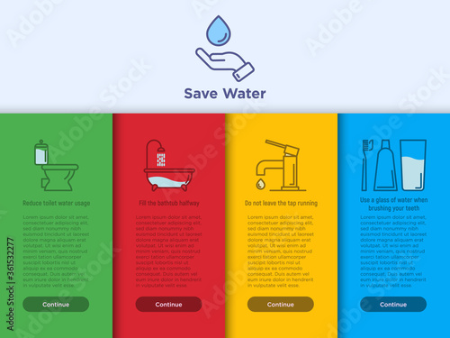 Save water concept: reduce toilet water, fill bathtub halfway, do not leave running tap and brushing teeth economy usage. Thin line vector illustration, template with copy space.