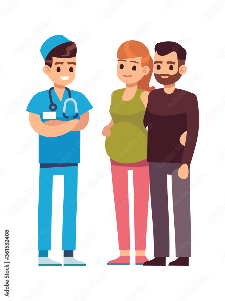 Doctor and couple. Pregnant woman and husband talking with physician in hospital, medical examination in clinic. Pregnancy medicine healthcare concept, vector isolated illustration