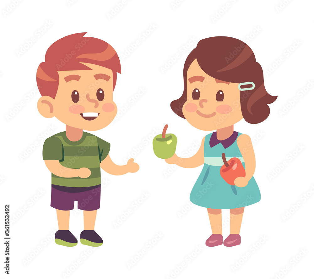 Kids good manners. Cartoon girl shares apple with boy, children respectful and thankful behavior, symbol of friendship. Flat vector isolated illustration