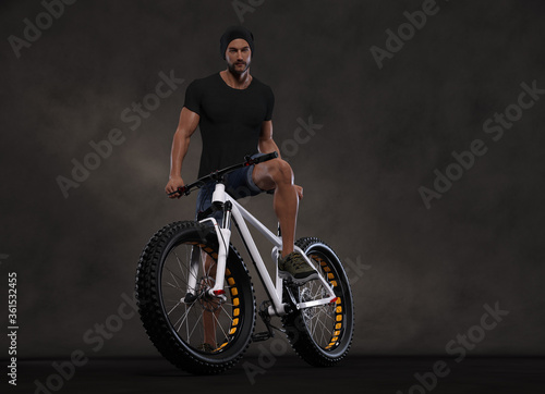 3D render : the portrait of a man cycling in the studio