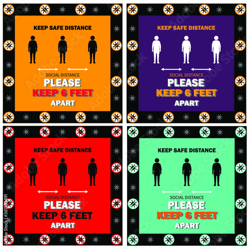 Set banners. Social distancing sign. Please keep 6 feet apart for customer queue at shop, restaurant, building, hotel, shopping mall, store. Keep distance in public to protect COVID-19.