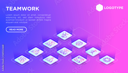 Teamwork web page template with thin line isometric icons: relay race, brainstorm, success, meeting, idea share, collaboration, joint project, unity, support, delegation. Modern vector illustration.