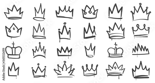 Sketch crown. Simple elegant queen or king crowns. Monarch majestic jewel tiara, beautiful diadem, royal imperial coronation symbols. Vector isolated icons