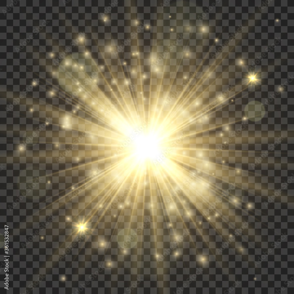 Gold glowing star. Stylish bright light effect, golden shiny luminous dust and glares, blurring starlight, magic sparkle. Vector isolated illustration