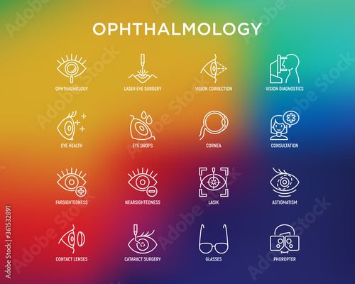 Ophthalmology thin line icons set: laser eye surgery, eye test, eye drops, contact lenses, cataract, astigmatism, phoropter, autorefractometer, farsightedness, nearsightedness. Vector illustration.