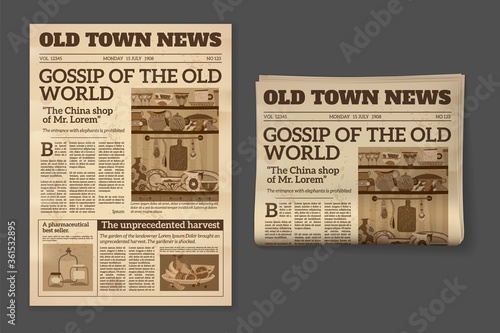 Old newspaper. Vintage magazine front page mockup. Two realistic pages templates, historical sepia sheet of journal, daily news vector retro concept