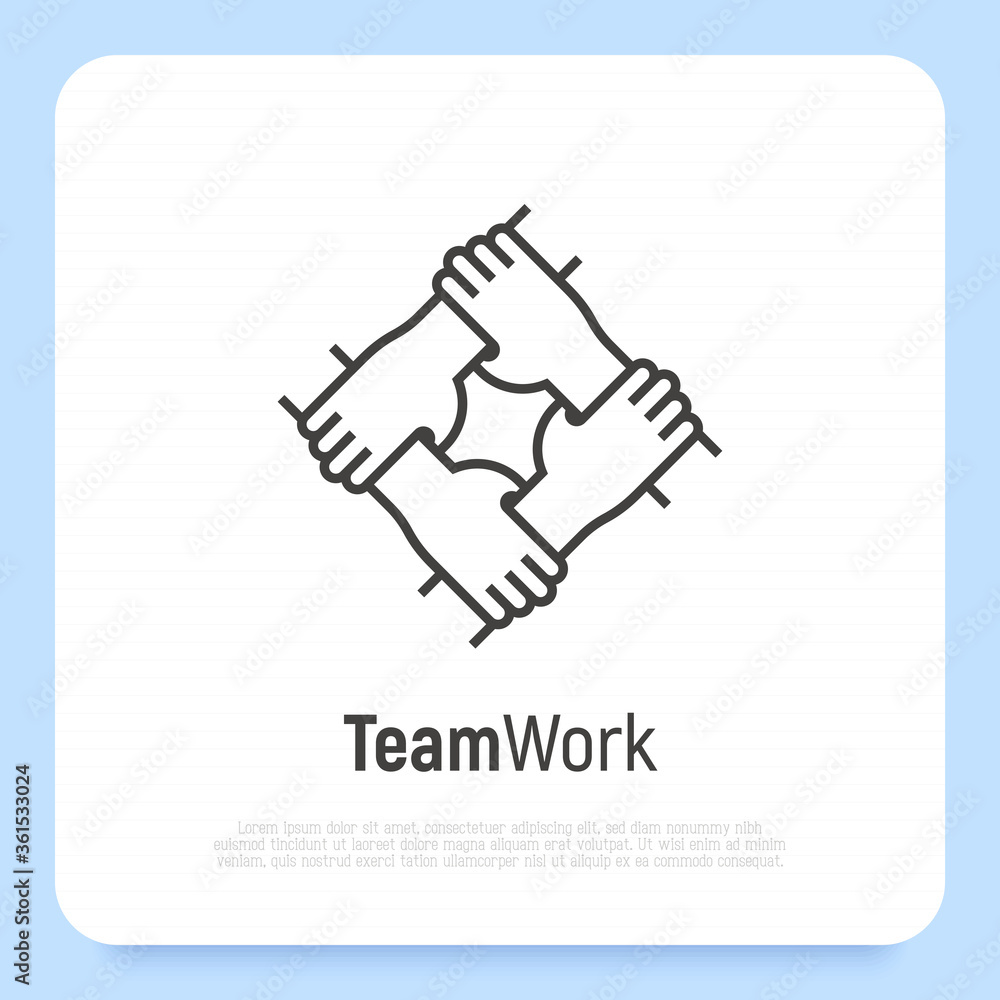 Four hands hold together for the wrist other. Symbol of team work, support, charity organization and donation community. Thin line vector illustration. Four hands hold together for the wrist other. Symbol of team work, support, charity organization and donation community. Thin line vector illustration.