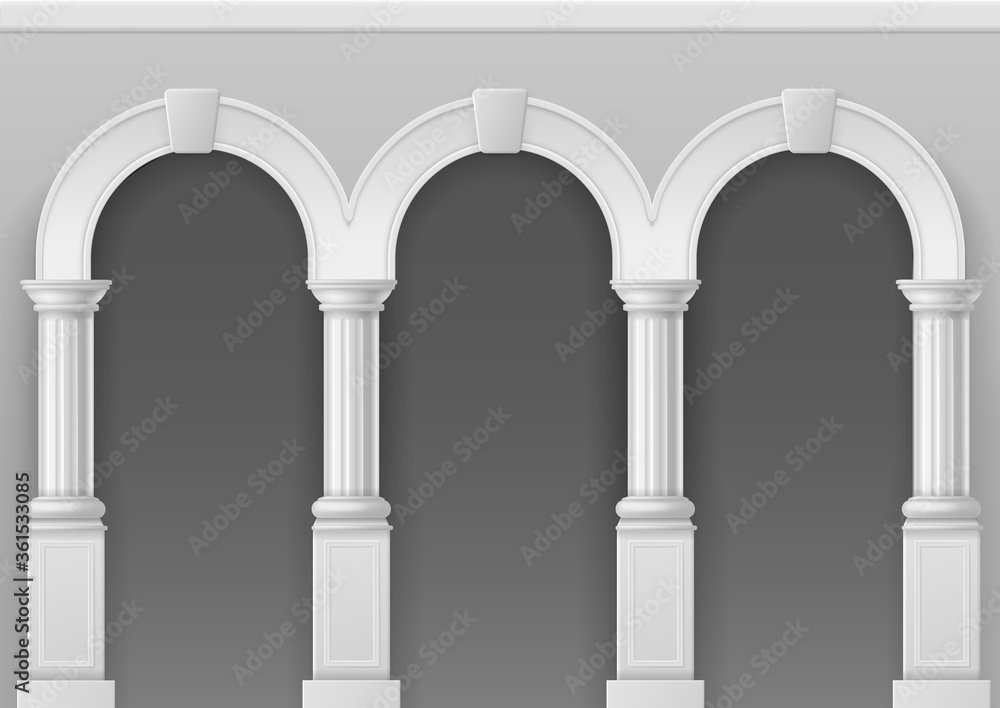 Antique arcade. Architecture arch with stone pillars, classic roman or greek palace interior with columns, castle facade vector illustration Antique arcade. Architecture arch with stone pillars, classic roman or greek palace interior with columns, castle facade vector illustration