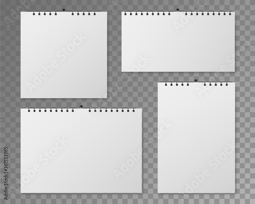 Wall calendar mockup. Blank calendars of different sizes. White paper pages front view organizer for event, day planner date. vector template set