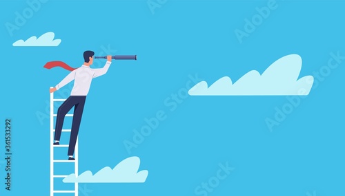 Business vision. Businessman stands on ladder in clouds with telescope, leadership and success symbol, new idea and career vector concept