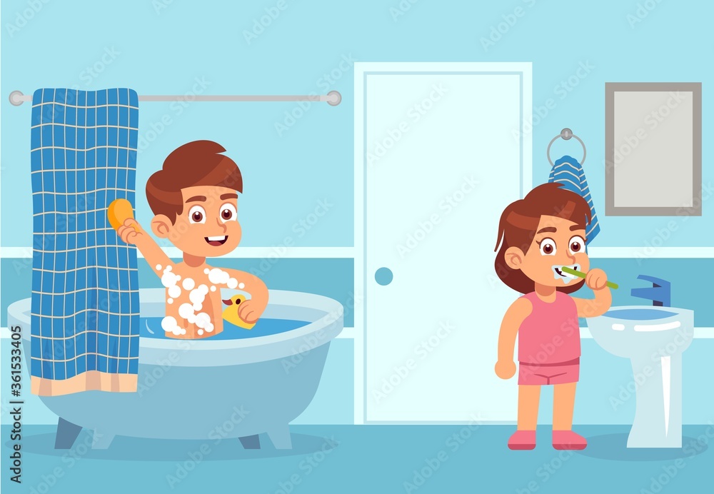 Cartoon bath. Children take water treatments. Boy washes with shampoo, girl is brushing teeth