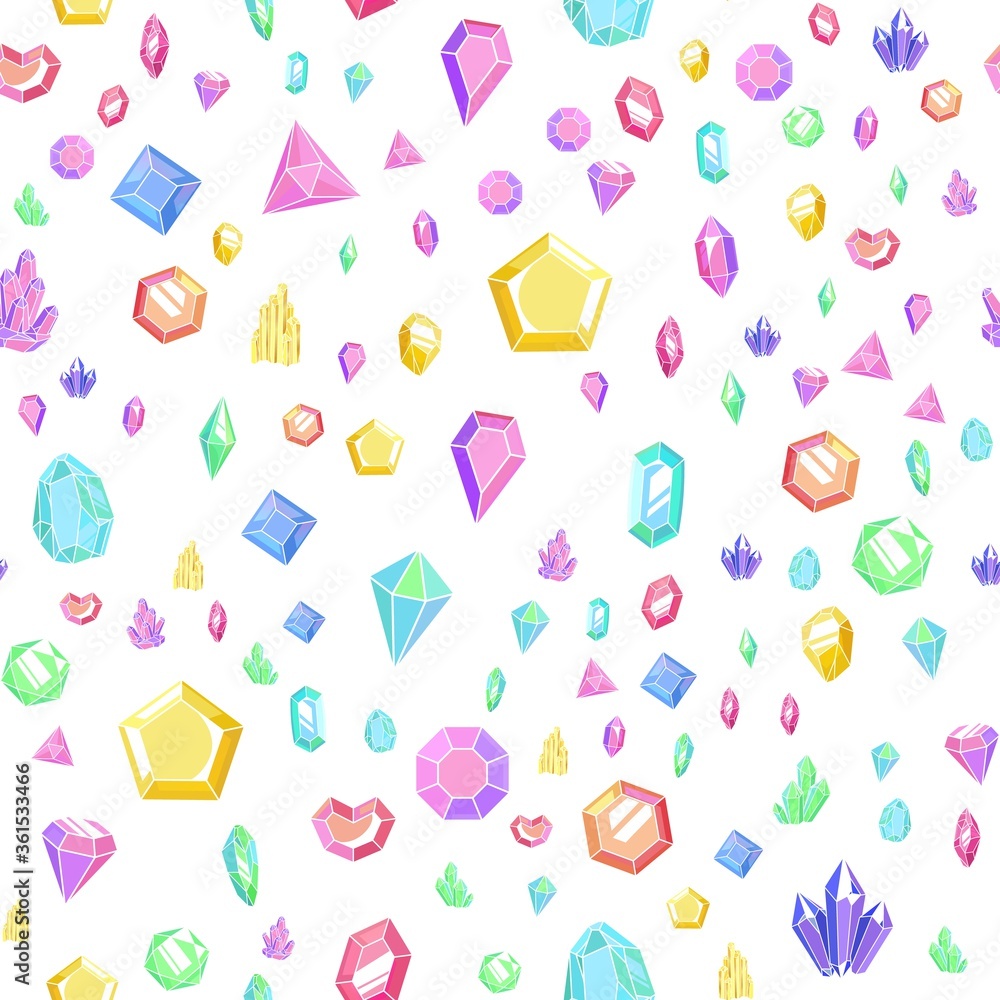 Crystal and gem seamless pattern. Bright texture with crystals and gems, minerals and diamonds. Vector background with isolated elements Crystal and gem seamless pattern. Bright texture with crystals and gems, minerals and diamonds. Vector background with isolated elements