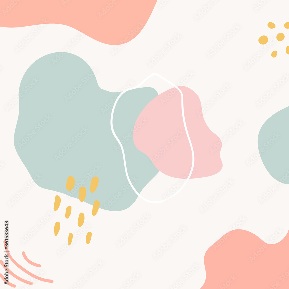 Organic shapes cover design. Abstract background in pastel colors. Contemporary texture. Hand drawn unique doodle objects. Kids nursery decoration. Vector illustrations