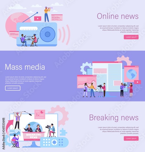 Journalist landing page. Online news banner, mass media website, breaking news content. Recording interview with camera. Radio, tv and newspaper web template, vector flat illustration