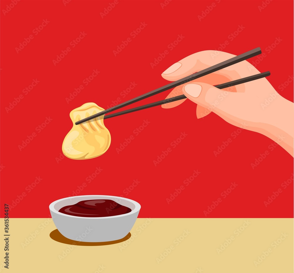 Hand dumpling with chopstick to sauce.traditional chinese food symbol in cartoon illustration vector Hand dumpling with chopstick to sauce.traditional chinese food symbol in cartoon illustration vector