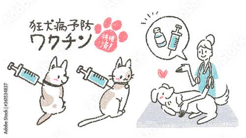 動物病院で獣医師によるペットに狂犬病予防ワクチンを促すイラスト