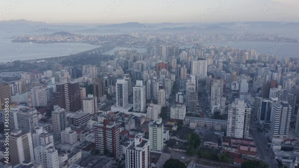 forward flight over downtown buildings with bridges in the background, Florianópolis, Santa Catarina, Brazil forward flight over downtown buildings with bridges in the background, Florianópolis, Santa Catarina, Brazil