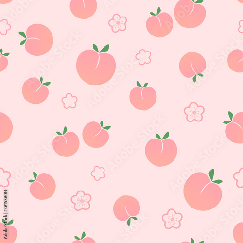 Seamless pattern with peach and green leaves on pink background vector.