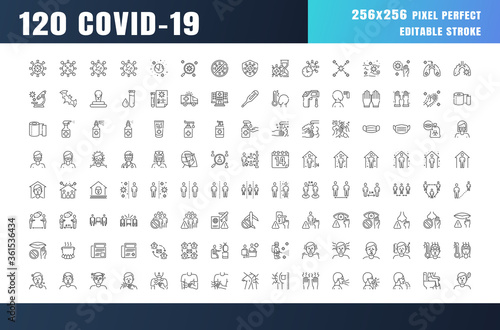 Covid-19 Prevention Line Outline Icons. Coronavirus, Social Distancing, Quarantine, Stay Home. 256x256 Pixel Perfect. Editable Stroke.