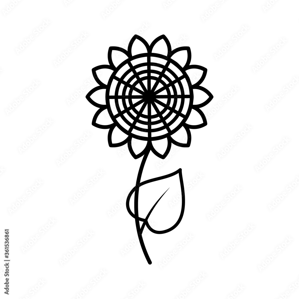Sunflower with leaves line icon isolated on white background. Vector floral illustration. Botanical summer concept. For cutting, clipart, printing, monogram, tattoo, shirt design. Sunflower with leaves line icon isolated on white background. Vector floral illustration. Botanical summer concept. For cutting, clipart, printing, monogram, tattoo, shirt design.