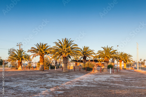 Fototapeta Naklejka Na Ścianę i Meble -  Stations square, Marree, South Australia, Square with palm trees in the light of the rising sun between Maree Hotel and remains of the Old Ghan railway