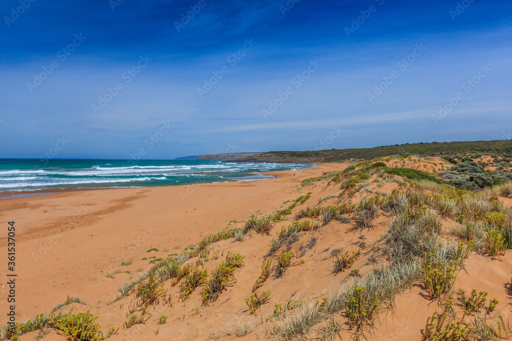 Landscape at Wattpinga Beach in the Newland Head Conservation Park in South Australia with view of the beach and mountain slope with native plants and shrubs.
