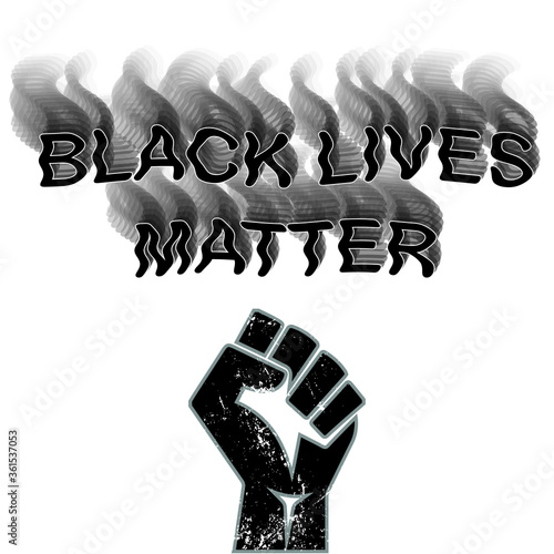Black lives matter movement slogan text. Simple black and white isolated text with blend effect and black fist logo emblem symbol.