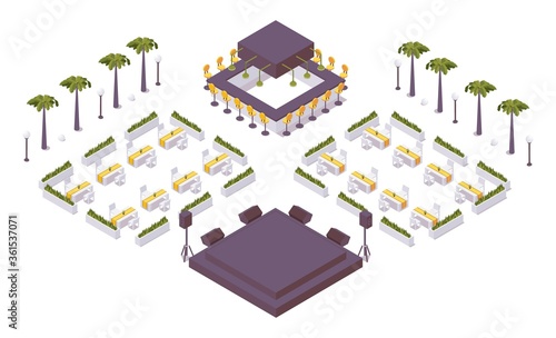 Isometric outdoor 3d scene with bar or restaurant with palms, tables and stage for singers or attractions at hotel or tourist resort