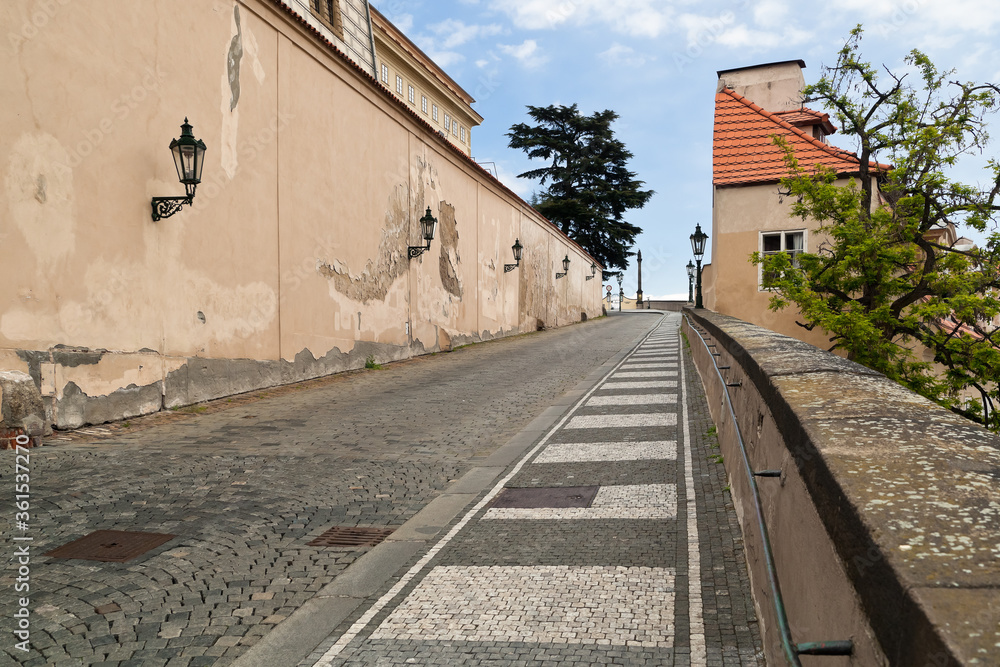 Empty road leading up to Prague castle during coronavirus lockdown