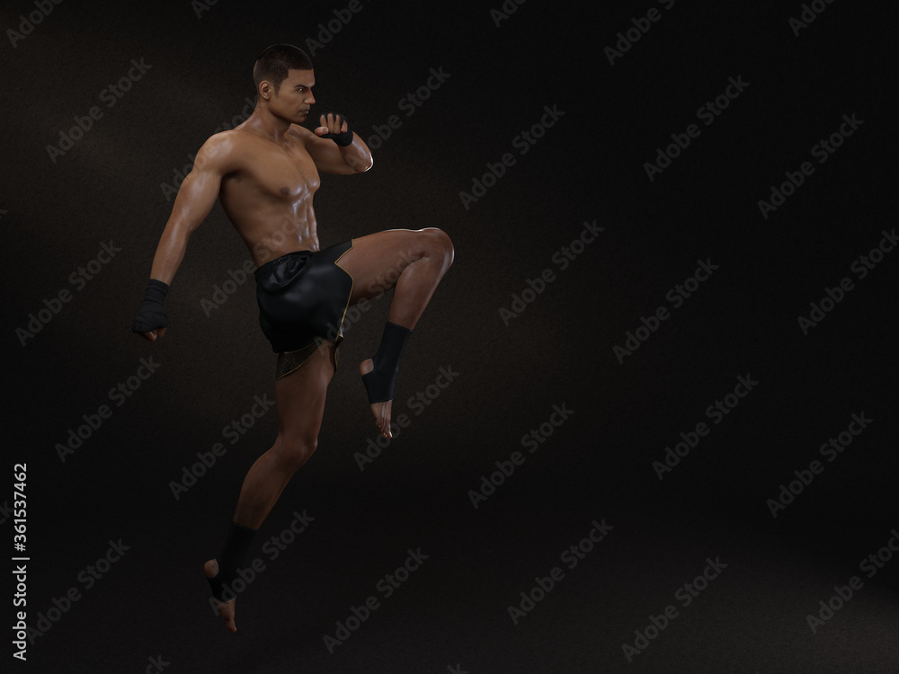 Obraz premium 3D Render : The portrait of male boxer, perform muay thai martial arts