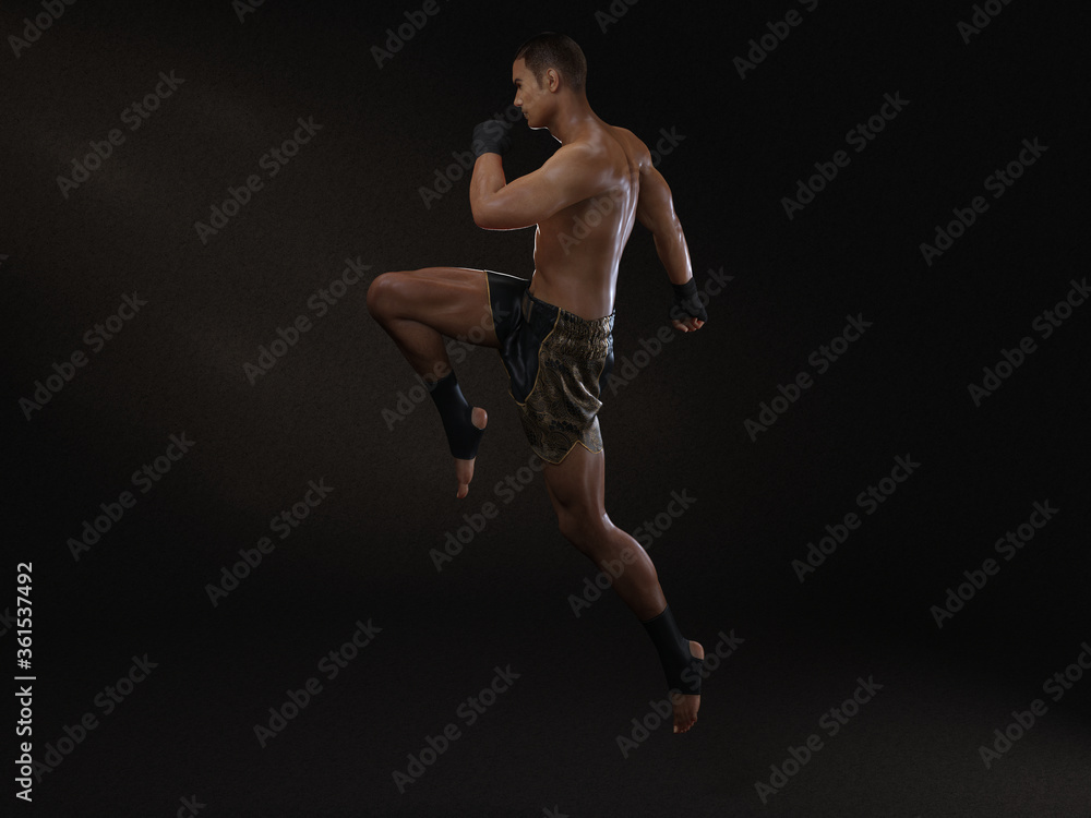 Obraz premium 3D Render : The portrait of male boxer, perform muay thai martial arts