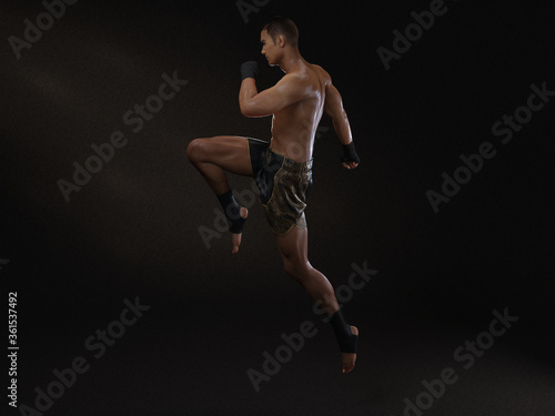 3D Render : The portrait of male boxer, perform muay thai martial arts © Tritons