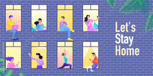 Stay home concept. People look out of apartment. Self isolation, quarantine due to coronavirus. windows of the house. Evening neighbors routine flat color vector illustration.
