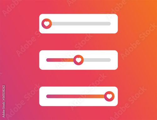 Vote slider with heart shape. Social media rating toggle. Isolated scale of feedback. Like or dislike slider. Rate slider. Colorful illustration in rainbow design. Overview scale sign. Vector EPS 10.