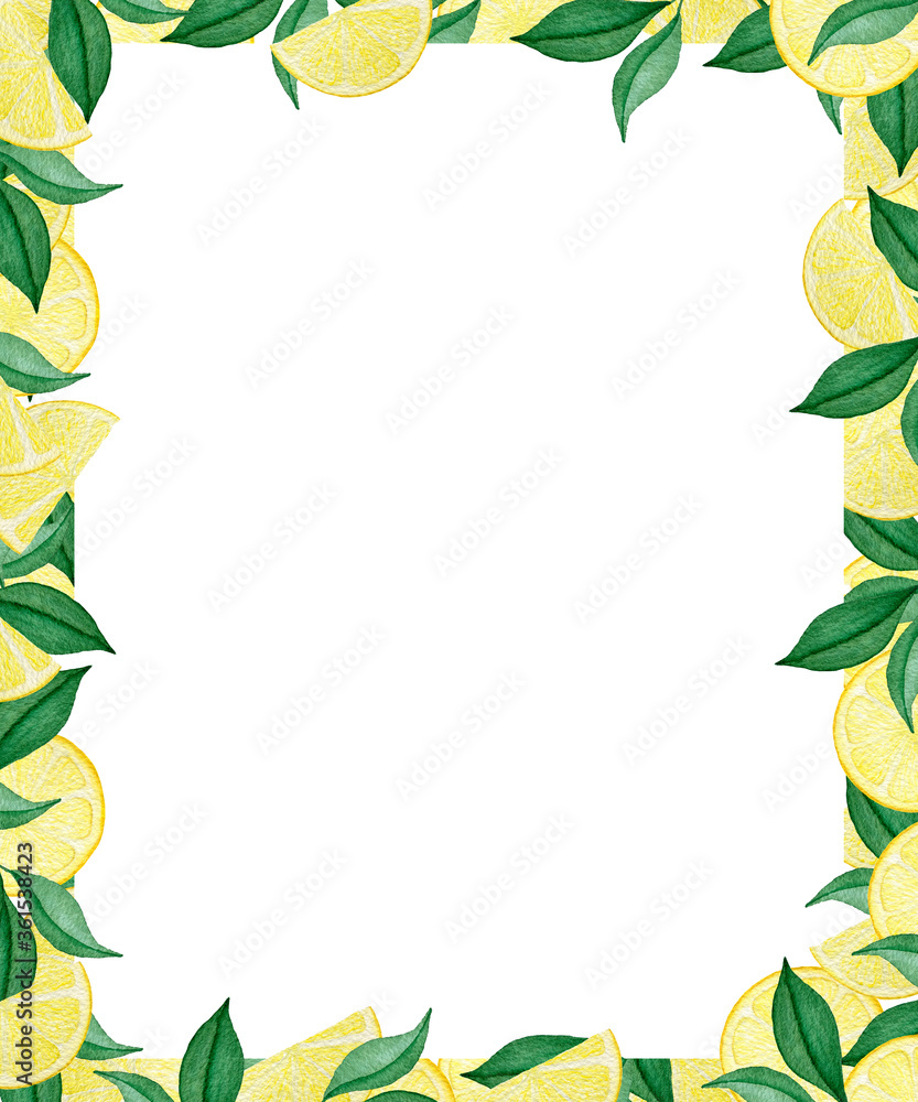 Fototapeta premium frame with juicy lemon slices and green leaves, fruit watercolor illustration, tropical lemon fruit frame design and copy space