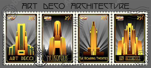 Postage Stamps Set 1920s Style Golden Skyscrapers, Retro Buildings