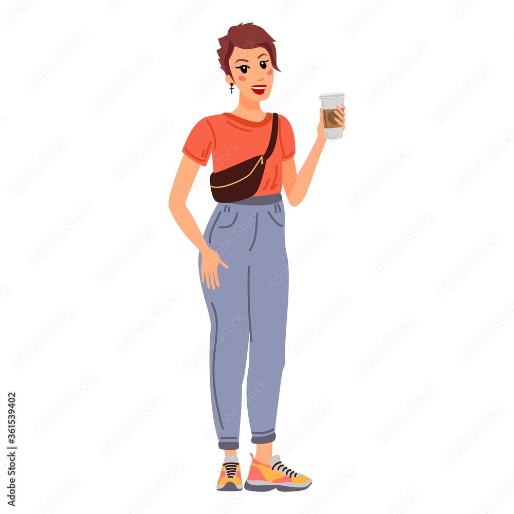The girl character spends time on a walk. Fashionable girl with coffee. Vector flat illustrations The girl character spends time on a walk. Fashionable girl with coffee. Vector flat illustrations