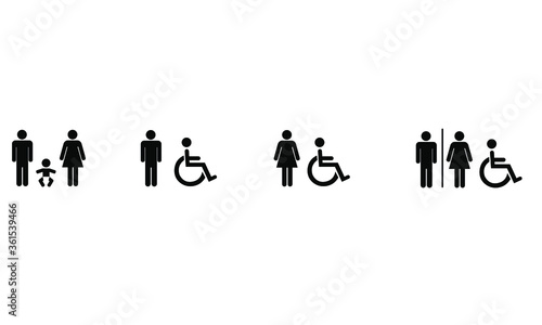 Bathroom sigh Icon vector set Including Family, Men and woman and unisex with the International Symbol of Access