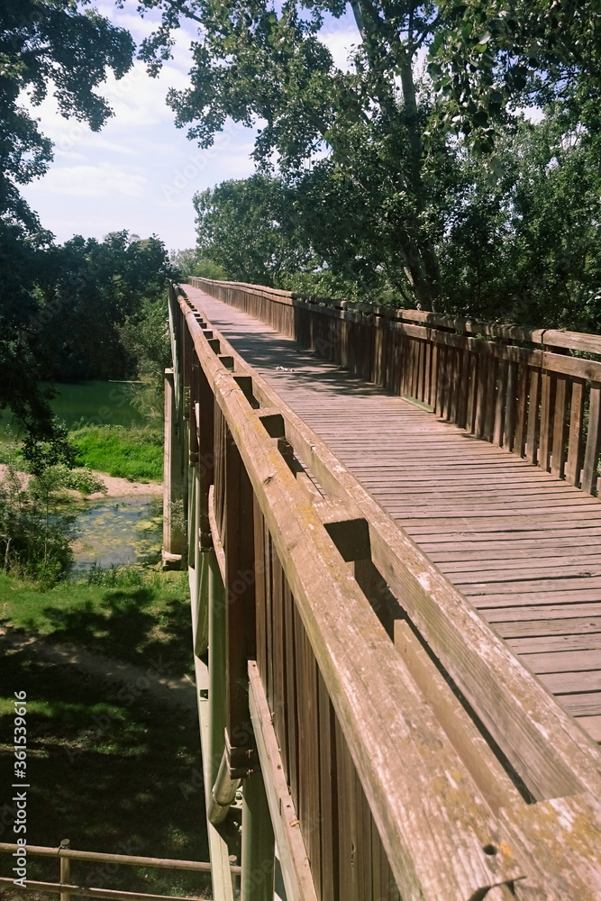 Wooden bridge over a picturesque river passes between trees, Spain