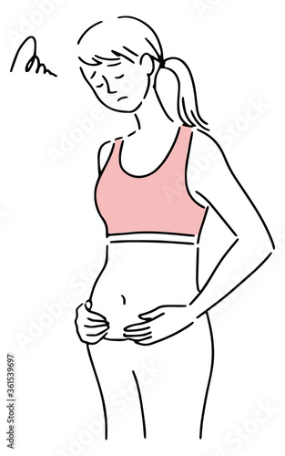 太った　女性　下腹　立ち姿　悩んでいる

