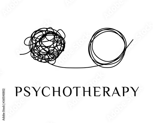 Psychotherapy, stress, depression abstract logo, concept icon. Glitch. Tangled and tangled tangle. Freehand doodles circles. Problem solving metaphor, difficult situation, chaos and disorder. Vector.