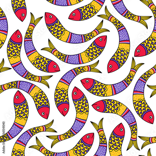 Pattern with fishes in Indian traditional Gong style