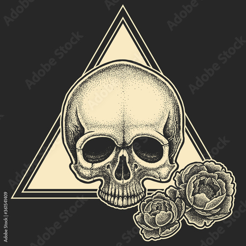 Dotwork styled skull with geometric elements and peonies . Hand drawn illustration. T-shirt design.