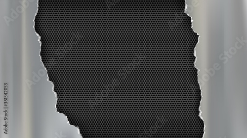 Torn metal plate on a steel perforated background.