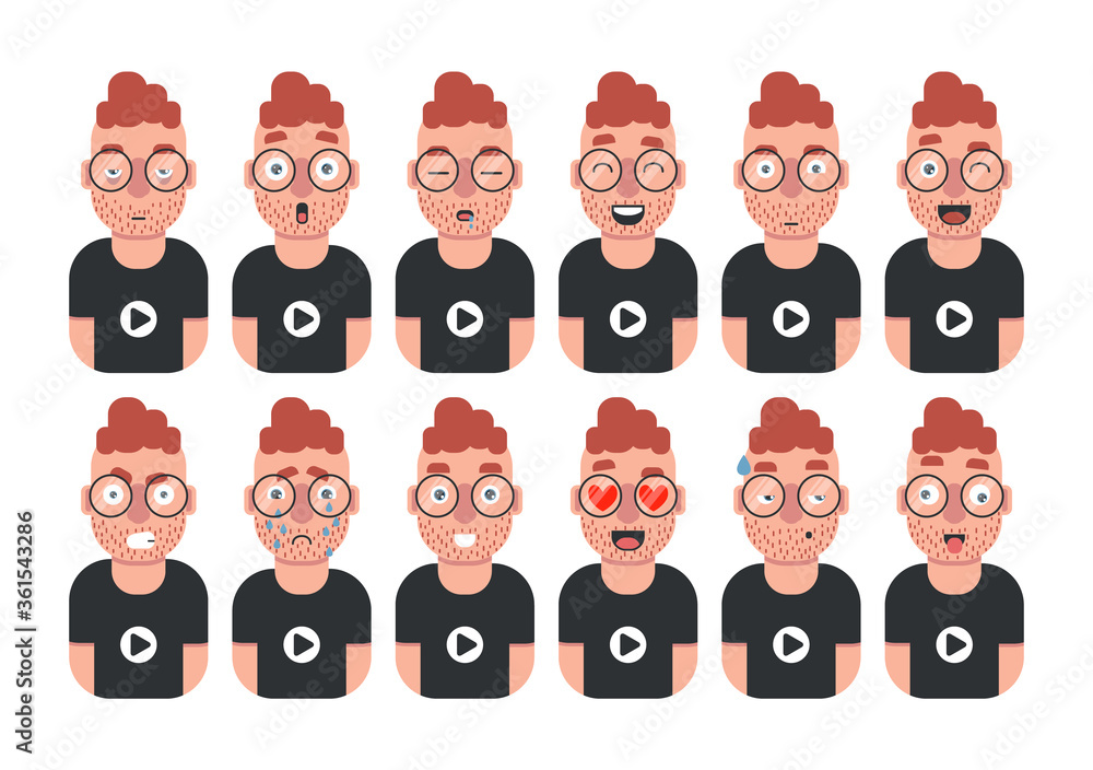Collection of young man's emotions. Flat vector design.