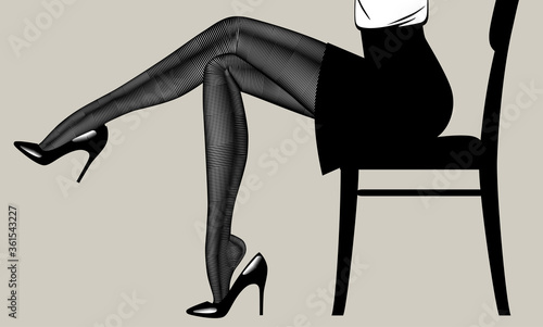 Engraved vintage drawing of a female legs in dark stockings and high-heeled glossy black shoes