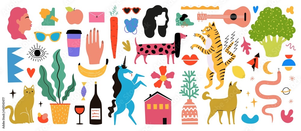 Vector set with people, animals, pets, ukulele, wine, plants, vegetables and fruits. Abstract design collection with colored elements. Vector set with people, animals, pets, ukulele, wine, plants, vegetables and fruits. Abstract design collection with colored elements.
